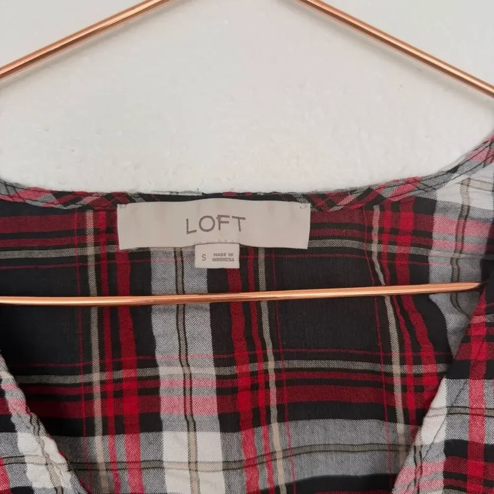LOFT Black and Red Checkered plaid Puff Sleeve Blouse size small